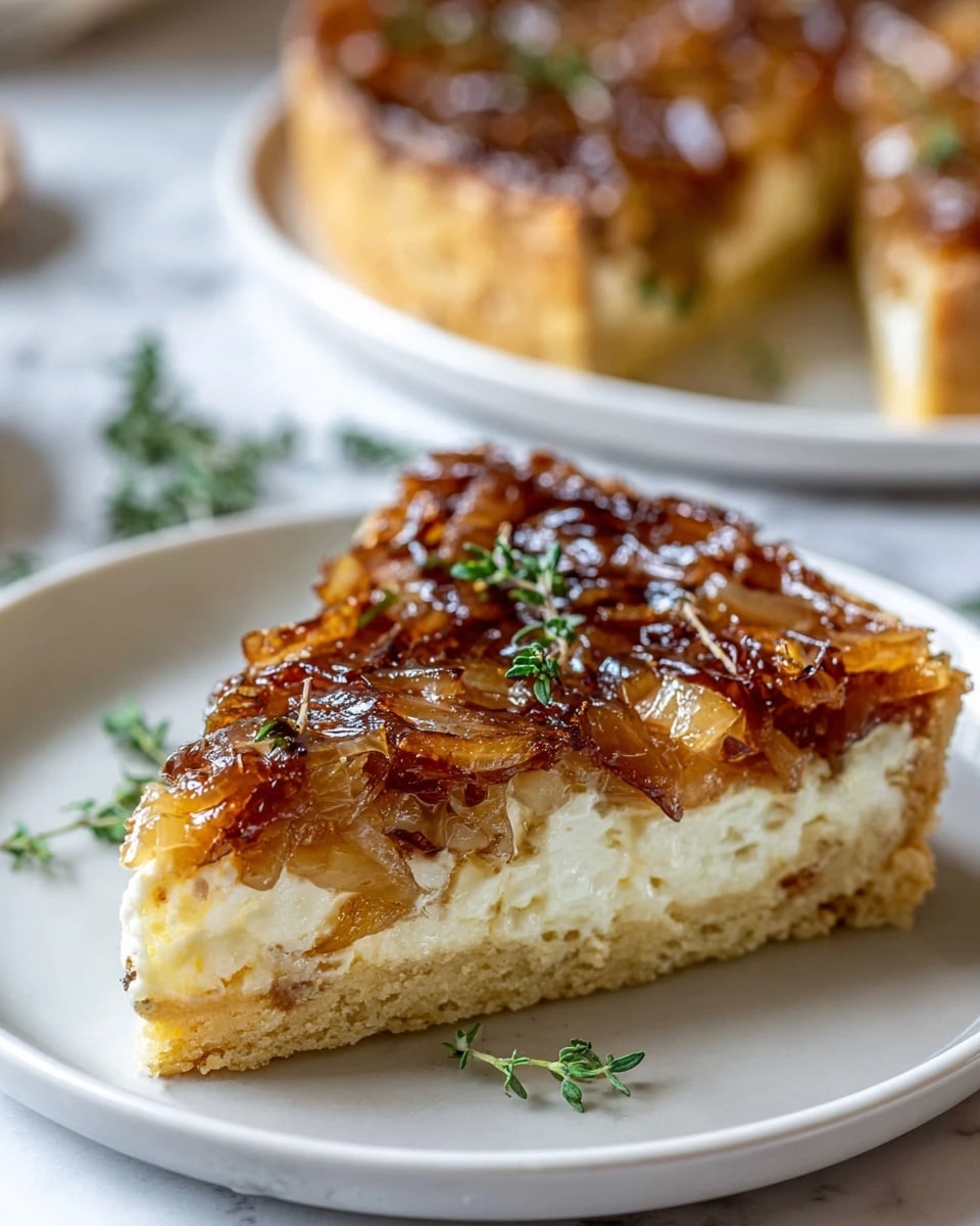 A close-up view of a slice of savory tart placed on a white plate, showing three distinct layers: the bottom crust which is light golden and crumbly, a middle layer of creamy, soft white cheese, and a top layer thickly covered with caramelized onions in rich golden-brown shades, glistening with a glossy finish. Small sprigs of fresh green thyme are scattered on top and around the tart slice for garnish. In the blurred background, a matching white plate holds the remaining tart. The scene is set on a white marbled surface with soft natural lighting emphasizing the textures. Photo taken with an iphone --ar 4:5 --v 7