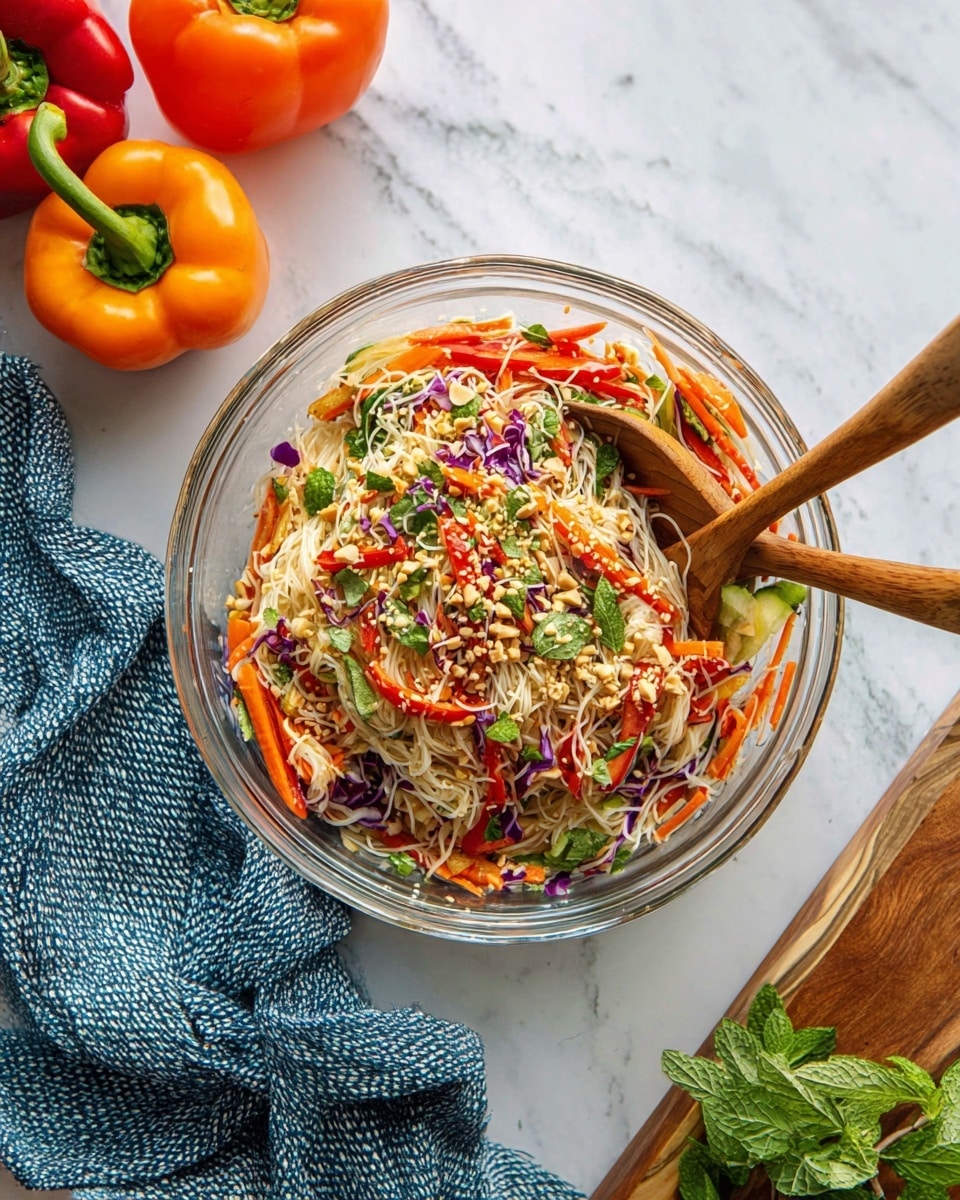 A large white bowl filled with a colorful noodle salad made of thin white rice noodles forming the base layer, mixed with thin curly strips of bright orange carrot, crisp green cucumber slices, and long thin red bell pepper strips scattered evenly throughout. On top, there are chopped peanuts and fresh green herbs sprinkled for texture and a fresh look. Near the center, a fork lifts a neat tangle of noodles and vegetables showing the light, airy mix with small bits of chopped green onion and shiny peanut pieces visible. The bowl sits on a white marbled textured surface, and in the background, a clear bowl with cashews can be seen. photo taken with an iphone --ar 4:5 --v 7