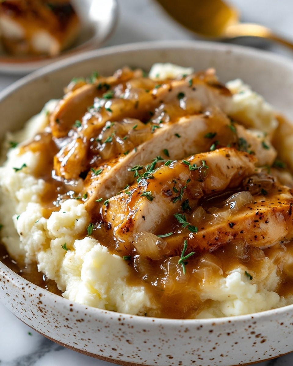 The dish shows three pieces of browned chicken thighs placed close together in the center of a white bowl, covered with a golden-brown sauce that has small cooked onion pieces on top. Around the chicken, there is a thick ring of creamy mashed potatoes with a smooth, slightly textured surface. The mashed potatoes are white with some green herb sprinkles scattered on top and around the chicken, adding a pop of color. The bowl is set on a white marbled surface. photo taken with an iphone --ar 4:5 --v 7