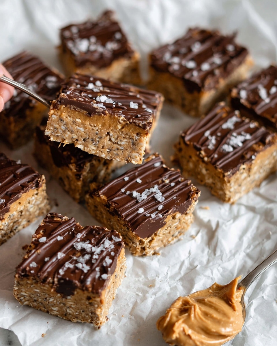 The image shows several square dessert bars arranged on white parchment paper over a white marbled surface. Each bar has two layers: a thick, light tan bottom layer with a slightly crumbly texture, and a thin, smooth dark brown top layer of chocolate. The chocolate layer is drizzled unevenly with extra dark chocolate and sprinkled with coarse sea salt flakes, adding texture and a contrast of colors. A silver spoon with creamy light brown peanut butter lies to the right side. One bar is lifted, showing the thickness and texture of both layers clearly. Photo taken with an iphone --ar 4:5 --v 7