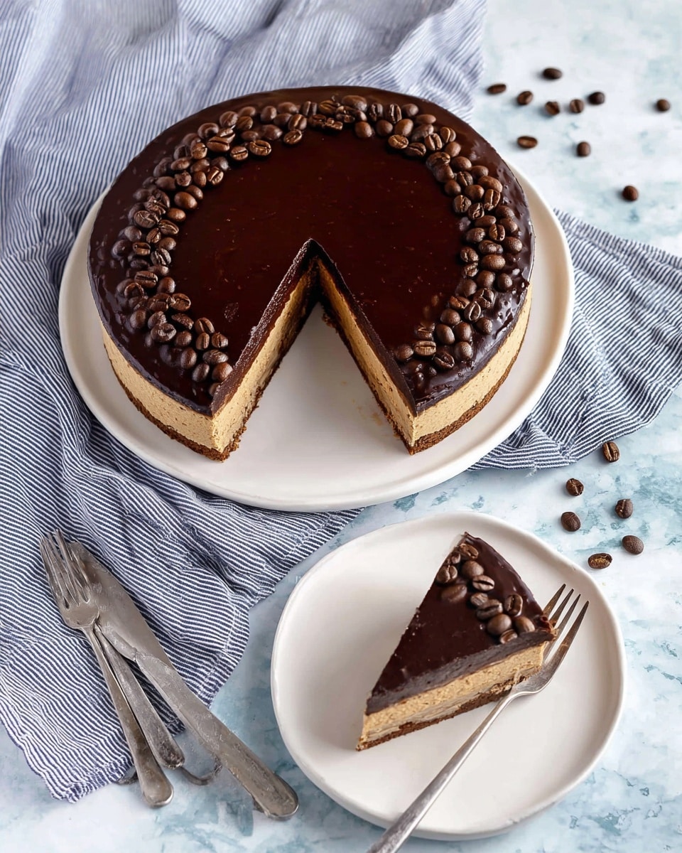 A round cake with two clear layers is shown on a white plate set on a white marbled surface. The bottom layer is light brown and slightly thick, while the top layer is a glossy dark chocolate covering with a textured, smooth finish. The cake is decorated with whole coffee beans arranged evenly around the edge and clustered in the center. One slice is cut from the cake, placed on a white plate below with a few coffee beans scattered around it. Two silver forks rest on the plate next to the slice, while another fork lies on the surface nearby. A striped light blue and white cloth is draped casually beneath the plate. Photo taken with an iphone --ar 4:5 --v 7
