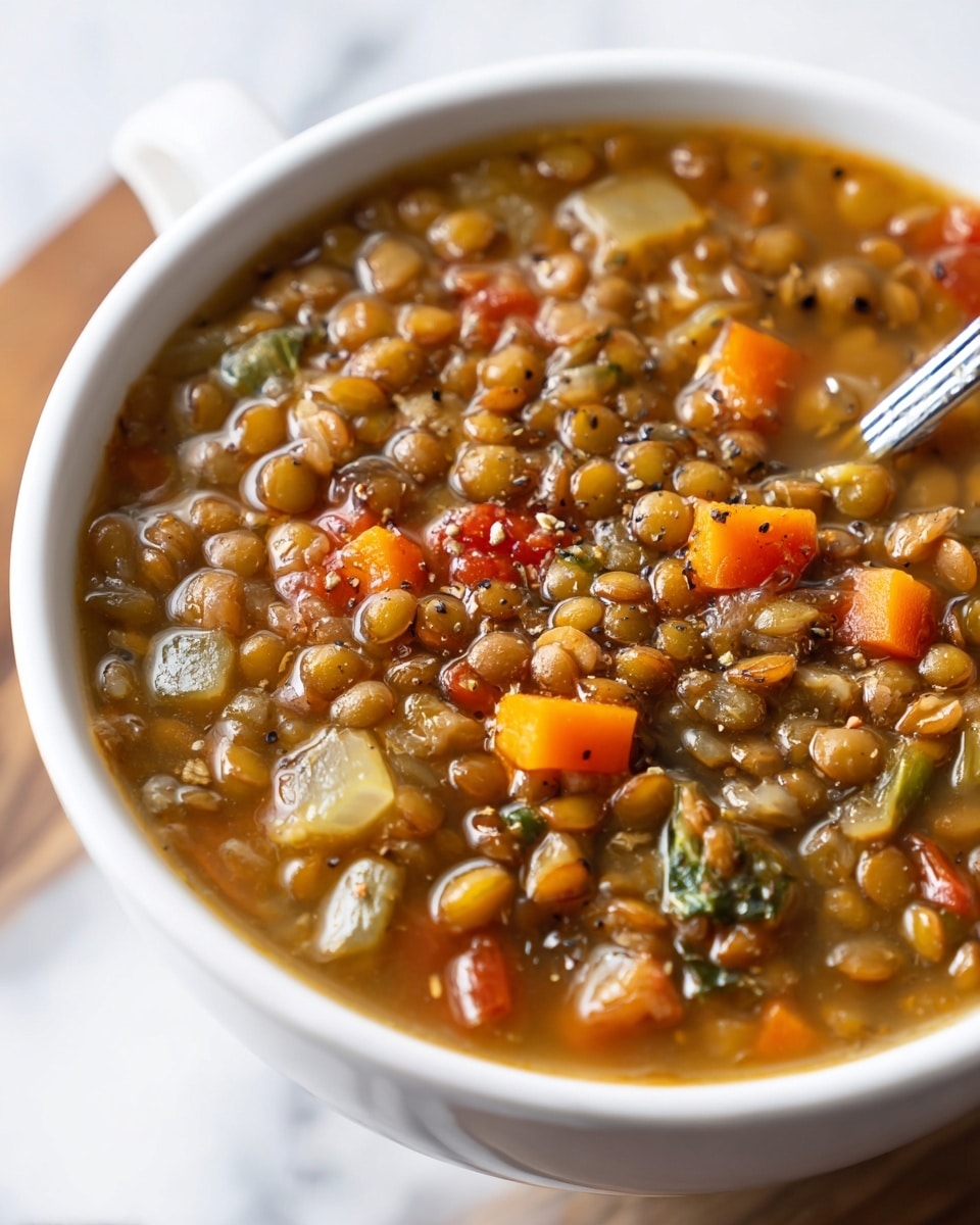 A close-up view of a white bowl filled with thick lentil soup, showing a mix of small brown lentils and diced vegetables. The soup has visible pieces of orange carrot, green celery, red tomato, and bits of leafy green herbs all swimming in a rich, slightly translucent brown broth. A silver spoon rests inside the bowl on the right side. The bowl is sitting on a white marbled surface, with the texture slightly blurred out in the background. photo taken with an iphone --ar 4:5 --v 7