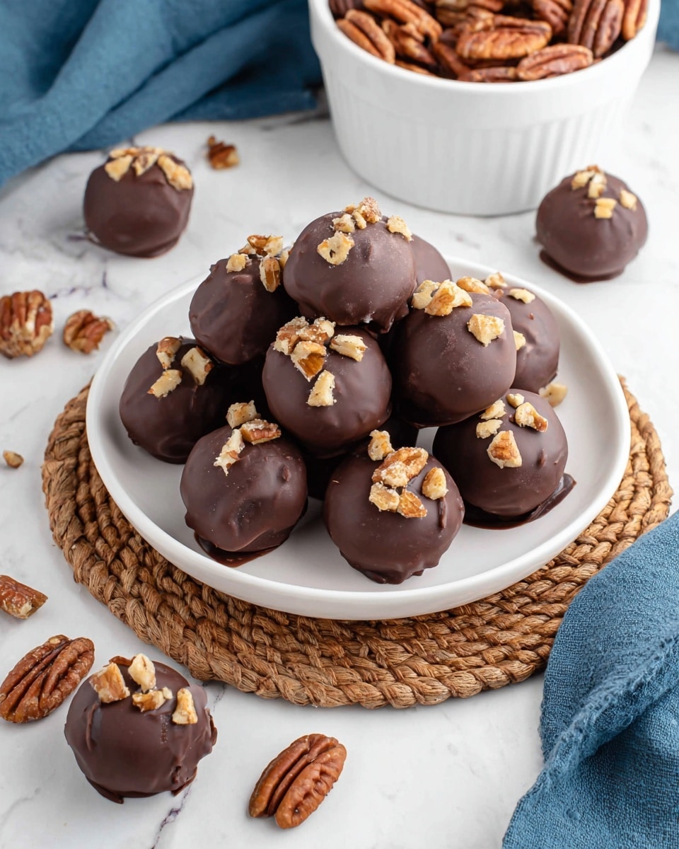 The image shows round chocolate-covered treats arranged closely on a white plate, each topped with two to three pecan nut pieces. One treat is cut in half and placed on top, revealing a crumbly, light brown inner filling with a rough texture. The chocolate coating is smooth and dark, while the pecan pieces add a textured, golden brown color on top. The plate is set on a white marbled surface, with a small bowl of whole pecans partially visible in the top left corner and a few loose pecans scattered around. Photo taken with an iphone --ar 4:5 --v 7