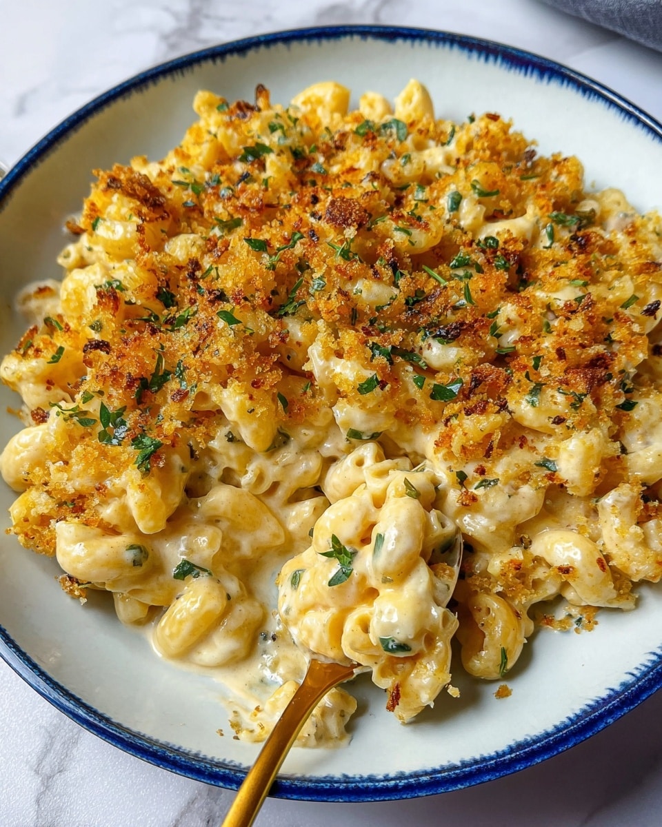 A close-up of creamy macaroni and cheese  on a white plate with a blue rim. The dish has three main layers visible: the small pasta shells covered in a thick, smooth light yellow cheese sauce making up the base, roasted cauliflower florets with a golden-brown crunchy texture scattered throughout, and small bits of chopped green herbs sprinkled on top. A golden spoon rests inside the plate, slightly digging into the dish, creating a soft scoop of the cheesy pasta mixture. The plate sits on a white marbled texture. photo taken with an iphone --ar 4:5 --v 7