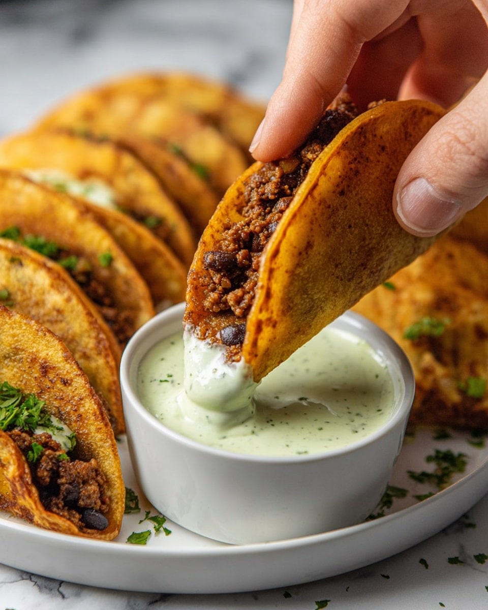 The image shows six golden-yellow tacos arranged side by side on a white plate over a white marbled surface. Each taco has a crispy texture with grill marks and is filled with dark brown ground meat, visible through the slightly open shells. On top of each taco is a light green creamy sauce, some with small dollops and drizzles. Fresh green cilantro leaves are scattered lightly on and around the tacos. Next to the tacos, on the plate’s left side, is a small white bowl filled with the same green sauce, with a silver spoon resting inside. The overall look is fresh and inviting. Photo taken with an iphone --ar 4:5 --v 7