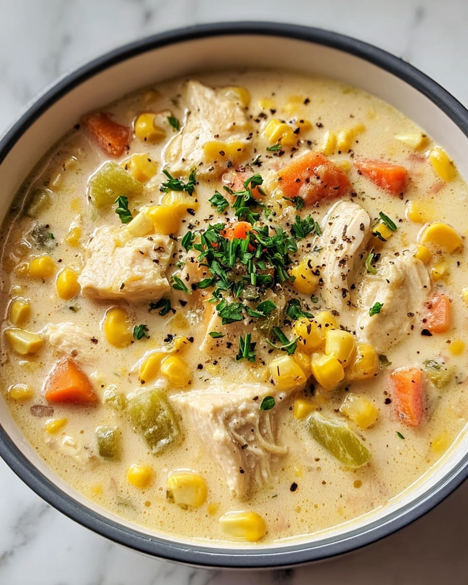 A close-up view of a creamy chicken soup in a black slow cooker, filled with layered chunks of white chicken pieces, bright orange carrot cubes, yellow corn kernels, and light green celery slices floating in a thick, pale yellow broth with specks of herbs. A wooden spoon is lifting a scoop of the soup, clearly showing the mix of ingredients and the smooth texture of the broth. The setting is on a white marbled texture. photo taken with an iphone --ar 4:5 --v 7