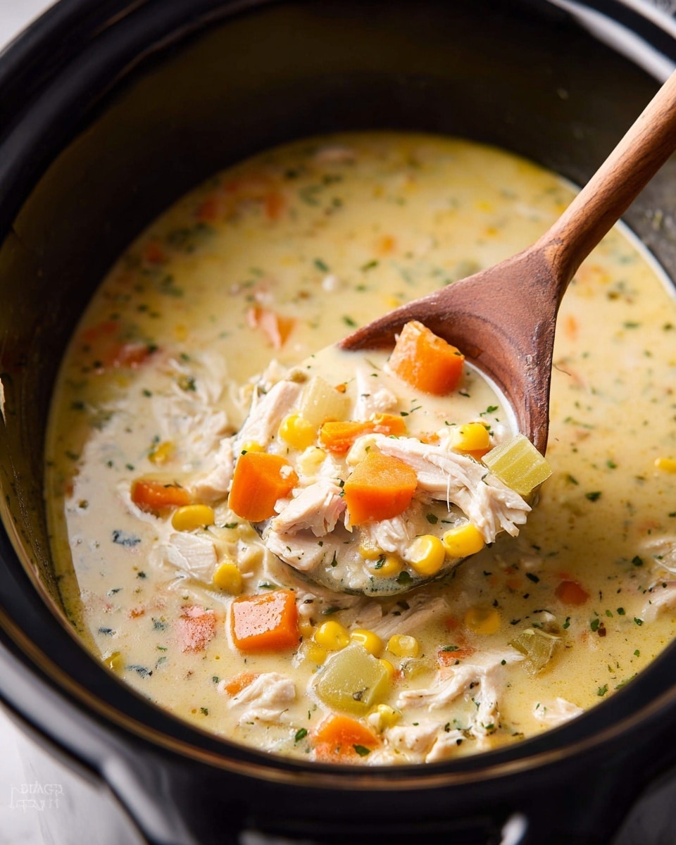 A close-up view of creamy corn chowder in a black slow cooker, showing a thick white creamy base filled with yellow corn kernels and small bits of red and brown ingredients, likely bacon pieces, dispersed evenly throughout. There are visible small chunks of white potatoes and thin strands of shredded cheese mixed in, giving the soup a rich texture. A wooden spoon rests on the right edge inside the slow cooker, partially submerged in the chowder. The scene is set on a white marbled surface. photo taken with an iphone --ar 4:5 --v 7