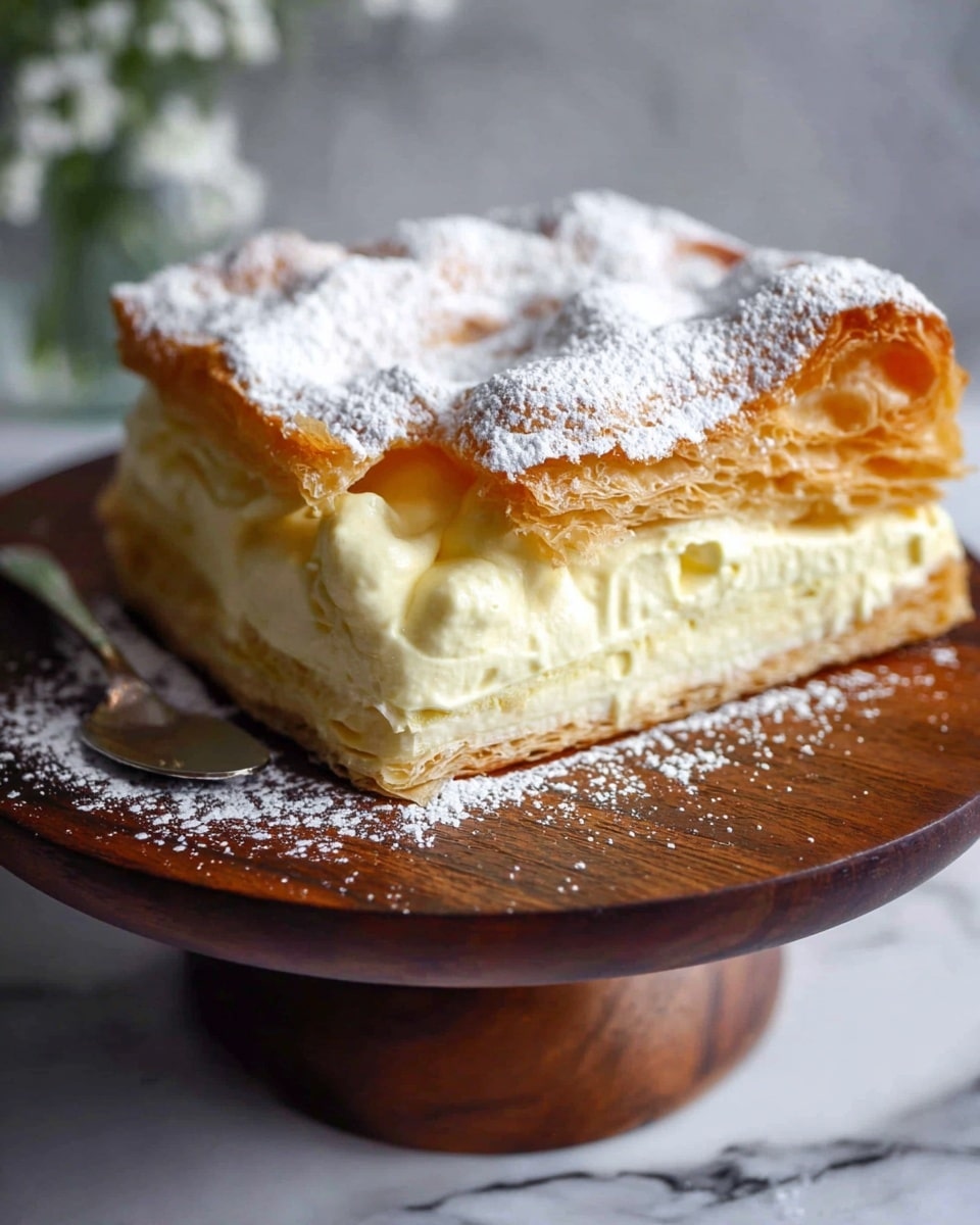 A slice of creamy cheesecake with three layers sits on a white plate with black and gold rim patterns. The bottom layer is a thin, light golden crust, the middle layer is thick, smooth, and pale yellow cream cheese filling, and the top layer is a golden-brown baked crust with powdered sugar dusted lightly over it. A silver fork rests beside the slice on the plate. In the background, a glass cake stand with the remaining cheesecake, showing the same three layers, is placed on a white marbled surface with a folded blue and white cloth nearby. Photo taken with an iphone --ar 4:5 --v 7