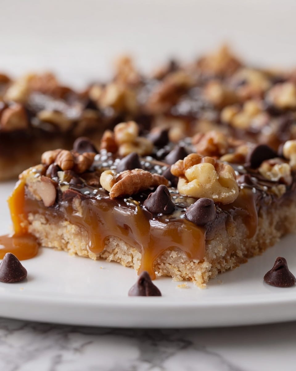 Two square cookie bars stacked on a simple white plate. Each bar has three visible layers: the bottom layer is a light brown, firm cookie base with a crumbly texture; the middle layer is dark brown, thick, and gooey, like a chocolate or date filling; the top layer is golden brown, studded generously with large, whole pecans that add a rough and crunchy texture. A few pecans are scattered around the plate, and the whole scene is set on a white marbled surface. The light is soft, highlighting the textures of the filling and nuts. Photo taken with an iphone --ar 4:5 --v 7
