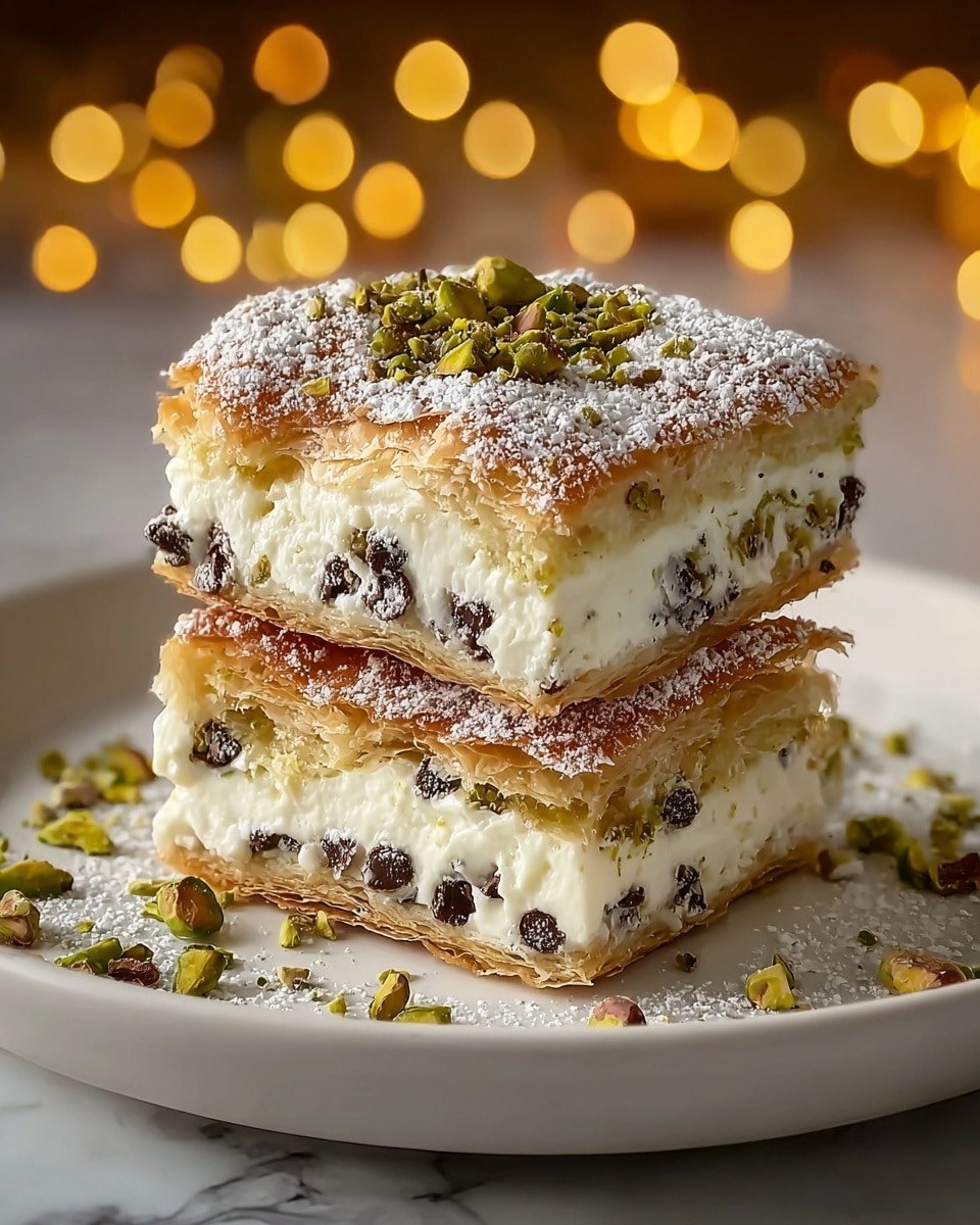 The image shows two square pieces of a dessert stacked on a white plate with a white marbled texture underneath. Each piece has three layers: a golden-brown flaky top and bottom layer dusted with powdered sugar, and a thick white creamy middle layer filled with small dark chocolate chips and bits of green pistachio. The top piece is garnished with chopped green pistachios scattered around it on the plate. The background has warm yellow bokeh lights, adding a cozy feel. photo taken with an iphone --ar 4:5 --v 7