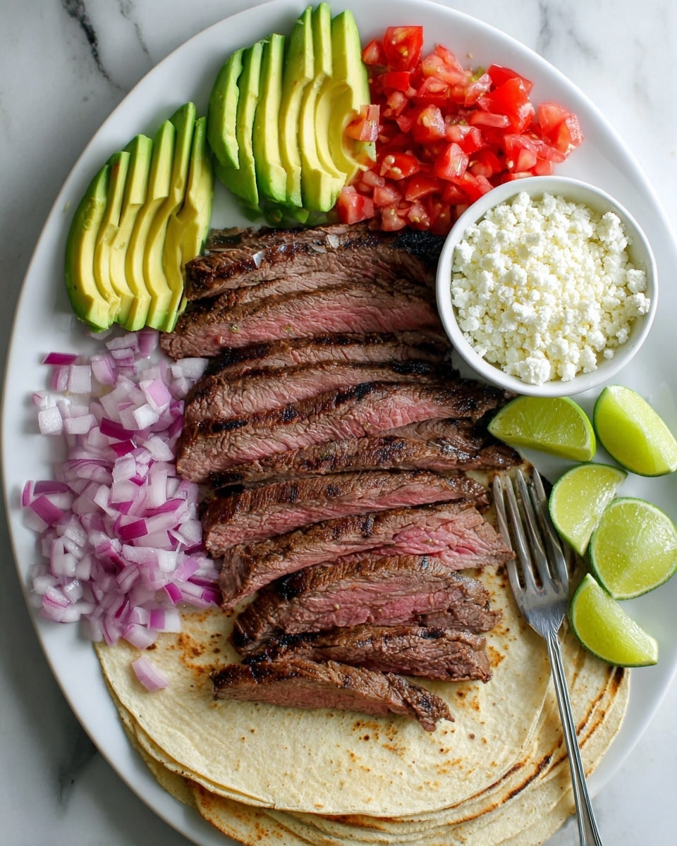 The image shows a white plate with several thick slices of grilled steak arranged in two rows. The steak slices have a dark, shiny, and slightly charred crust on top with visible grill marks and a juicy pink inside. Small green herb pieces and a light drizzle of sauce cover the meat, adding freshness and shine. At the edges of the plate, there are three bright green lime wedges, giving a fresh color contrast. The plate is set on a white marble surface. photo taken with an iphone --ar 4:5 --v 7