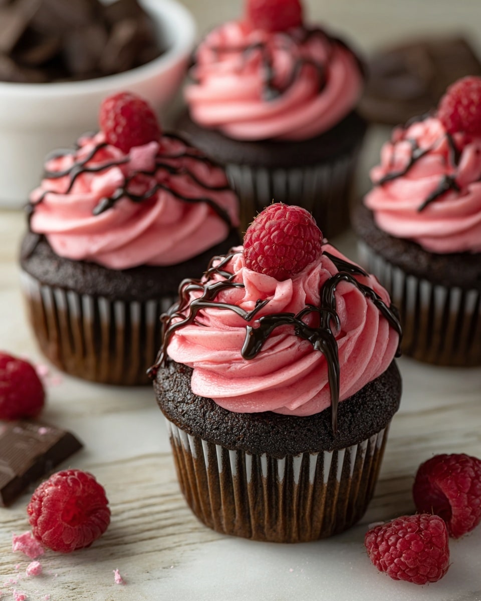 A close-up of four chocolate cupcakes arranged on a white marbled surface with visible wood texture. Each cupcake has one layer of dark brown chocolate cake at the bottom, topped with a thick swirl of bright pink frosting that has a smooth, creamy texture and is piped high in a spiral pattern. Dark chocolate sauce is drizzled over the frosting, creating small shiny droplets and thin streams. A fresh red raspberry sits at the peak of the frosting, next to small light pink crumbs. Scattered fresh raspberries are around the cupcakes, adding vibrant red color, and there is a white bowl filled with pieces of chocolate in the background. photo taken with an iphone --ar 4:5 --v 7
