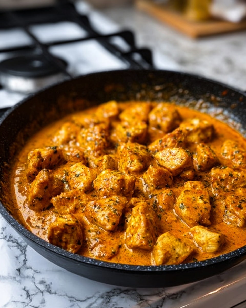 The image shows a black pan filled with small, golden-brown chicken pieces cooked in a thick, orange-colored sauce. The chicken pieces have a slightly crispy texture on the edges, while the sauce looks creamy and smooth, covering the chicken evenly. The setting includes a white marbled texture surface in the background with a stove nearby. photo taken with an iphone --ar 4:5 --v 7