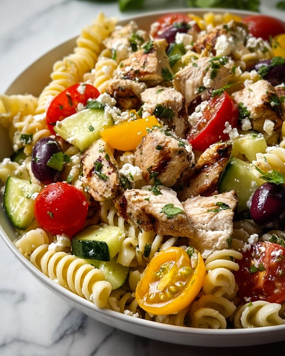 A close-up view of a bowl filled with a mixed pasta salad showing several layers. The base layer is off-white spiral rotini pasta mixed evenly. On top, there are chunky pieces of grilled chicken with browned grill marks, scattered throughout. Mixed with this are bright colors of halved red and yellow cherry tomatoes, dark purple olives, and chunks of pale green cucumber. White bits of crumbled cheese are sprinkled over the top, along with flecks of green herbs that add a fresh look. The bowl is white and the background is a white marbled texture. photo taken with an iphone --ar 4:5 --v 7