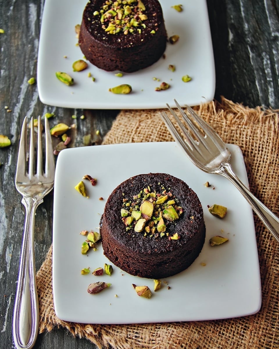 A dark brown molten chocolate cake sits on a white plate, its center oozing bright green pistachio cream that flows onto the plate. The cake has a soft, spongy texture with a slightly crispy outer layer. The top is sprinkled with crushed pistachios, adding a touch of yellow-green color and crunch. In the background, another similar cake is partially visible, with the same texture and color. The setting is on a white marbled surface. Photo taken with an iphone --ar 4:5 --v 7