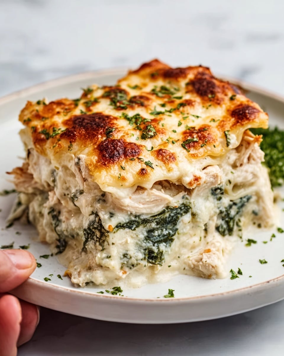 A white bowl holds a creamy baked dish with two thick layers, the bottom layer is white and smooth with a cheesy sauce, and the top layer is golden brown with melted cheese slightly crispy and browned in spots, with small green herbs sprinkled on top. A woman’s hand holds a spatula lifting one portion from the bowl, showing the stretchy melted cheese and cream underneath. The bowl is placed on a white marbled surface. Photo taken with an iphone --ar 4:5 --v 7