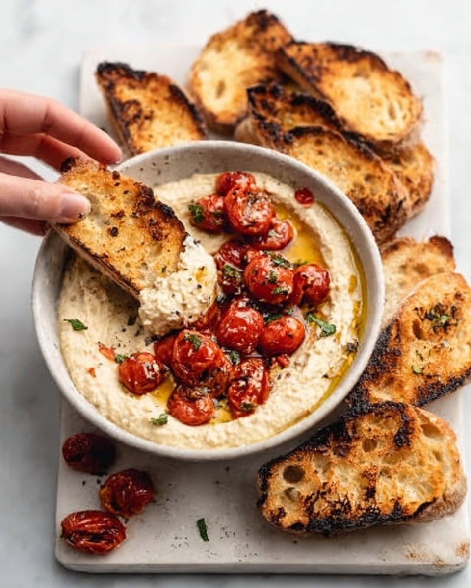 A white oval dish filled with a creamy baked cheese dip that has a golden, slightly browned top layer with a smooth texture, centered with a pile of shiny, red roasted cherry tomatoes garnished with small green thyme sprigs. The dish sits on a wooden board, surrounded by slices of rustic bread with a light golden crust and a soft interior, and round, light brown crackers scattered on a white marbled surface. A small wooden bowl with coarse salt and fresh thyme sprigs add detail to the background. Photo taken with an iphone --ar 4:5 --v 7