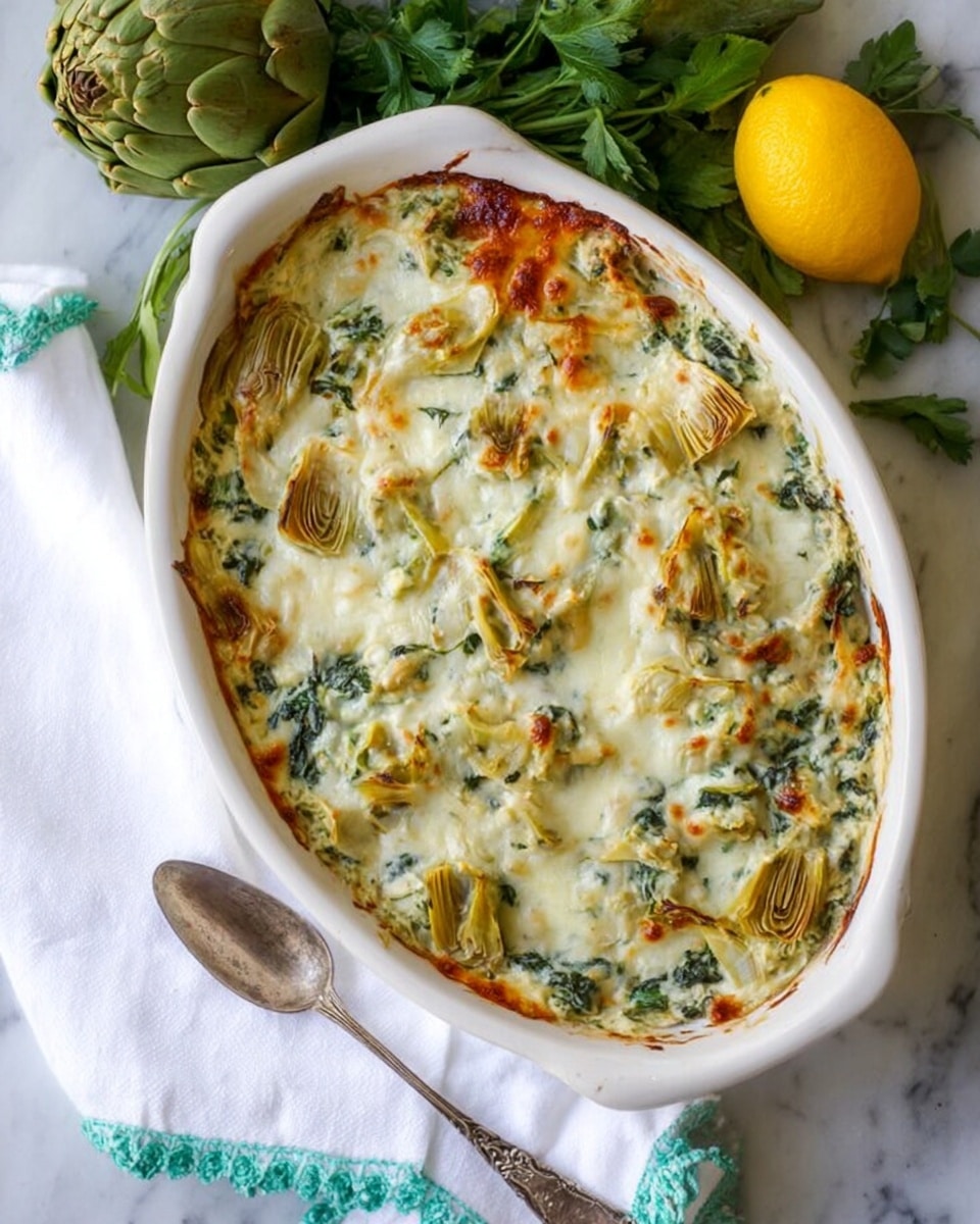 A white oval baking dish filled with a layered artichoke and spinach dip topped with melted golden-brown cheese; visible artichoke hearts and spinach pieces are mixed evenly in the creamy mixture, with a slightly crispy cheese crust on top. The dish rests on a white marbled surface; beside it is an antique silver serving spoon and a white cloth with a mint green trim. In the background, fresh green parsley, a whole artichoke, and a bright yellow lemon add color contrast. photo taken with an iphone --ar 4:5 --v 7