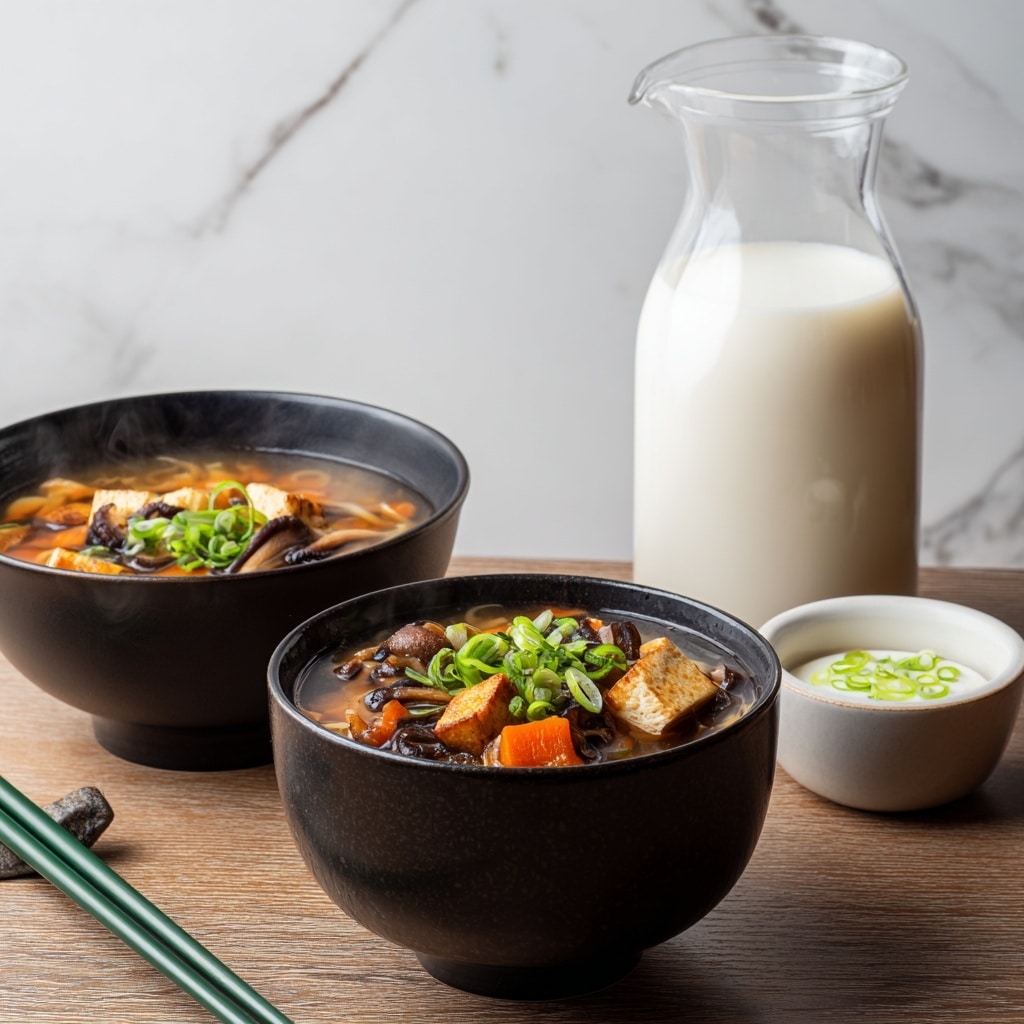 The image shows a bowl of dark brown soup with several layers of ingredients in a speckled ceramic bowl. The soup contains sliced white mushrooms, small cubes of tofu, thin orange carrot strips, green onion slices, and sesame seeds scattered on top. The bowl is placed on a soft light cloth with a silver spoon beside it. In the background, there are two white bowls, one with bright orange carrot sticks and the other with green sliced onions. The whole setup rests on a white marbled surface with a white rice cooker blurred in the back. photo taken with an iphone --ar 4:5 --v 7