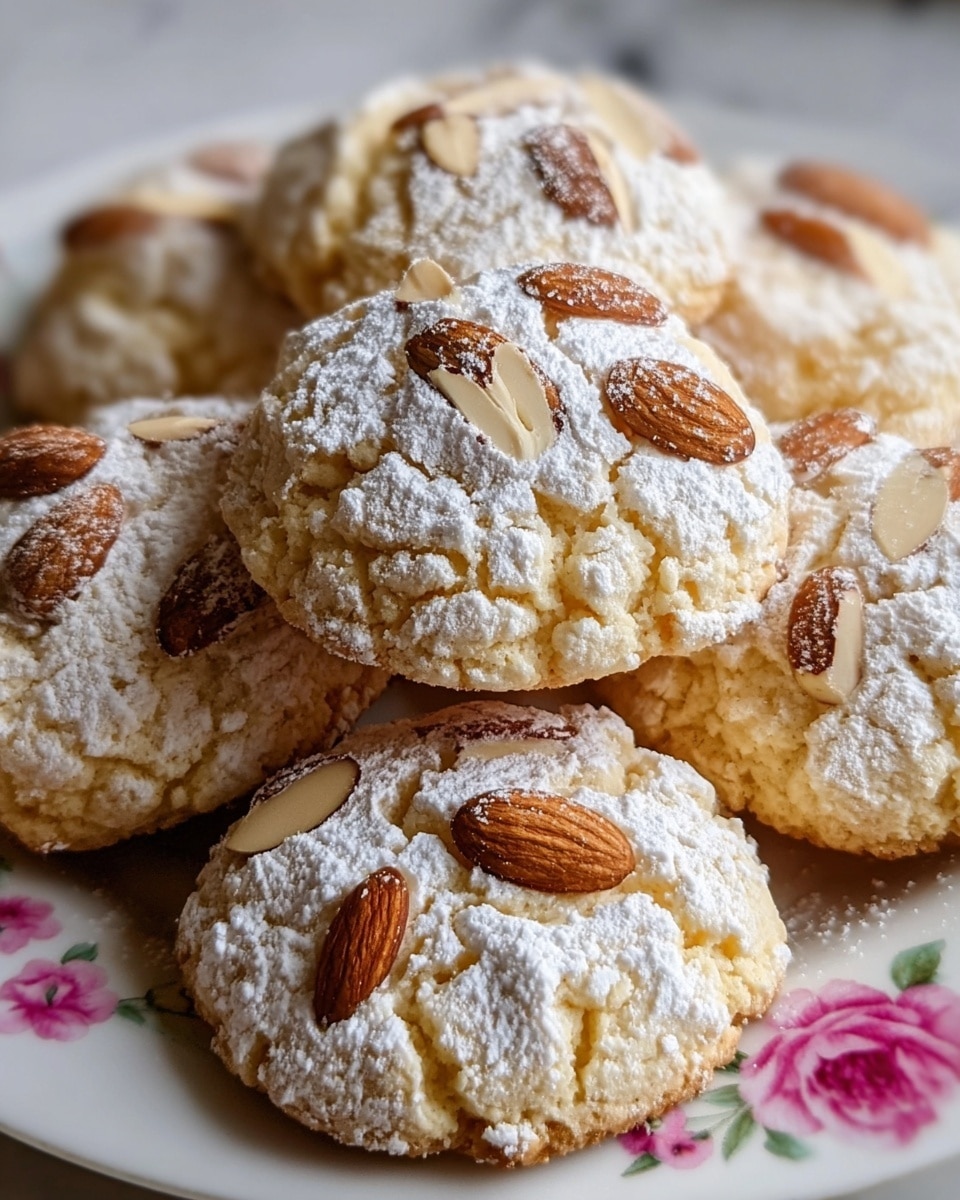 The image shows a close-up of soft, round cookies with a rough, slightly cracked texture. Each cookie has a light golden cream base dusted generously with white powdered sugar. Thin, light brown almond slices and whole almonds are scattered on top of each cookie, adding texture and contrast. The cookies are stacked closely together on a white plate with a small pink floral pattern partly visible. The background is a smooth white marbled surface, softening the overall look. photo taken with an iphone --ar 4:5 --v 7