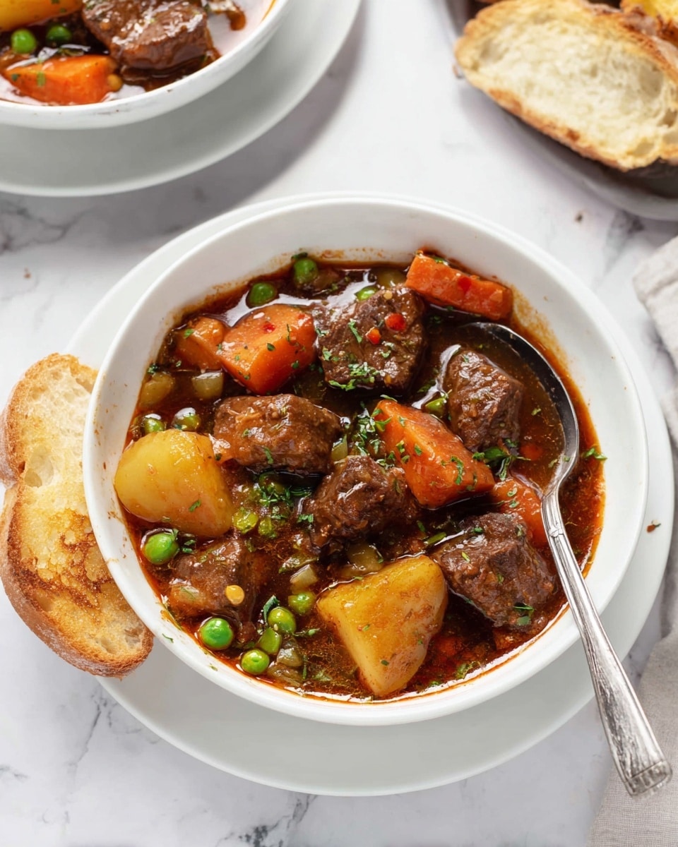 A white bowl filled with a thick beef stew showing large chunks of brown beef, orange carrot slices, light yellow potato pieces, and small green peas all mixed in a glossy, dark brown sauce with reddish oil on top. A silver spoon rests inside the bowl on the right side. The bowl sits on a white plate with a slice of toasted bread beside it on the white marble surface. In the background, part of another similar bowl and plate with bread is visible. Photo taken with an iphone --ar 4:5 --v 7