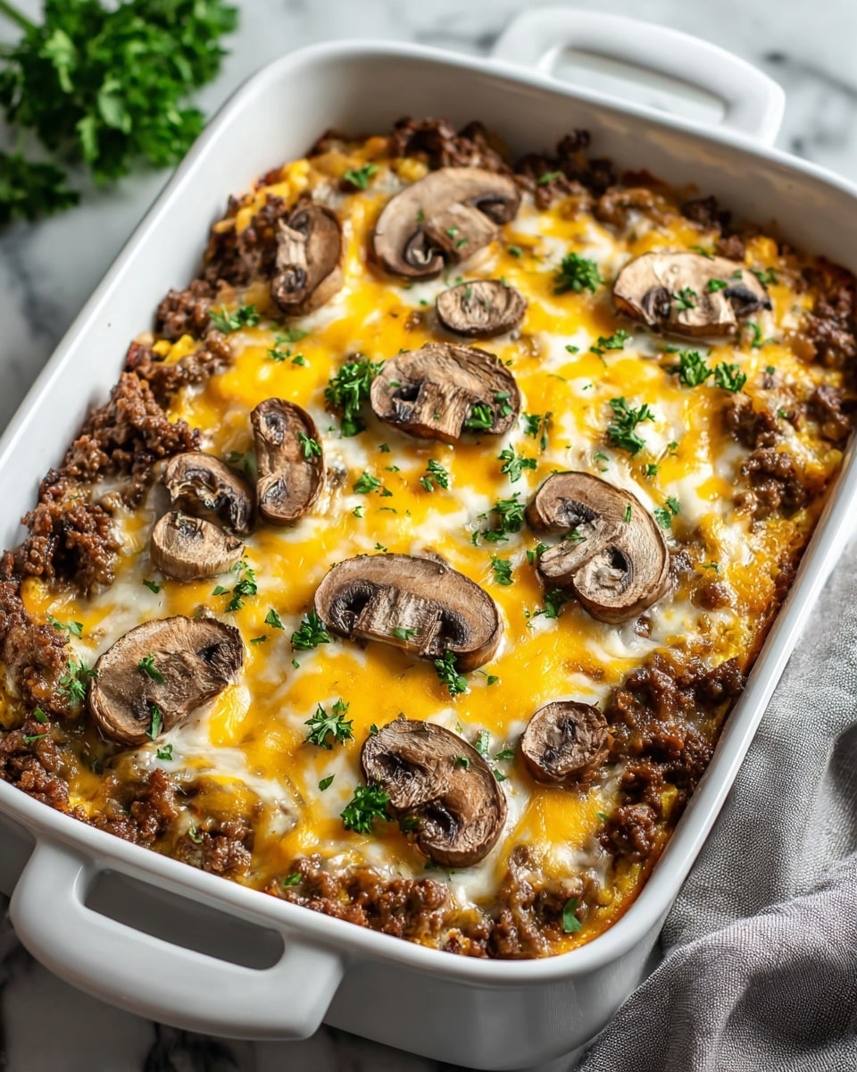 A white plate holds a creamy yellow layer of polenta, topped with a thick, dark brown ground beef layer mixed with herbs, and scattered dark brown sautéed mushroom slices on top. The mushrooms have a lightly shiny surface, and fresh small green herb leaves are sprinkled over the dish. The plate sits on a white marbled surface with a rustic wooden board and cloth in the background. Photo taken with an iphone --ar 4:5 --v 7