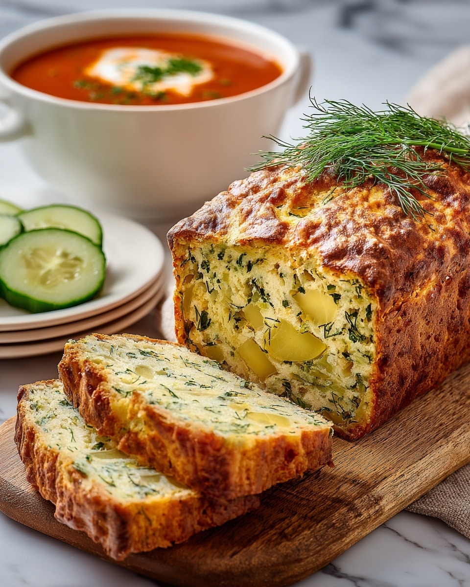 A loaf of savory bread with a golden brown crust sits on a wooden board, with two thick slices cut and laid in front showing a soft, moist inside filled with green herbs and chunks of yellow potato. On top of the loaf is a small bunch of fresh dill. In the background, there is a white bowl filled with a rich red soup garnished with green herbs and cream, placed on white plates. Nearby are slices of fresh cucumber on a white marbled surface. Photo taken with an iphone --ar 4:5 --v 7