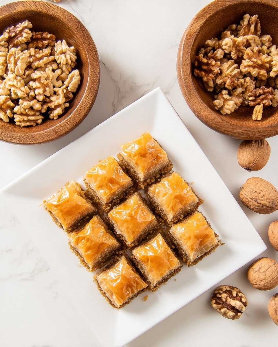 A close-up of a slice of baklava on a white plate with a shiny, sticky honey glaze. The baklava has multiple thin, golden-brown layers of crispy, flaky pastry filled with a dense mix of chopped nuts that are dark brown and textured. Crushed nuts decorate the top, adding a rough, crumbly look. A silver fork rests beside the slice on the plate, which sits on a white marbled surface. The lighting highlights the glossy top and detailed layers. Photo taken with an iphone --ar 4:5 --v 7