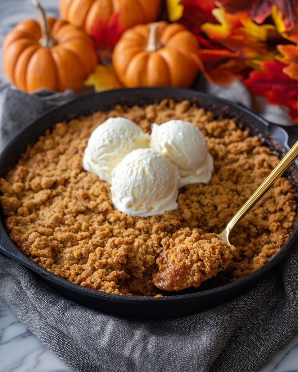 A black skillet filled with a crumbly brown pumpkin dessert, topped at the center with three round scoops of white vanilla ice cream. The dessert texture looks crumbly and moist, and a gold spoon is pulling out a spoonful from the right side, showing the thick pumpkin filling beneath the crumb layer. The skillet sits on a gray cloth over a white marbled surface, with small orange pumpkins and colorful leaves in warm autumn colors in the blurred background. photo taken with an iphone --ar 4:5 --v 7