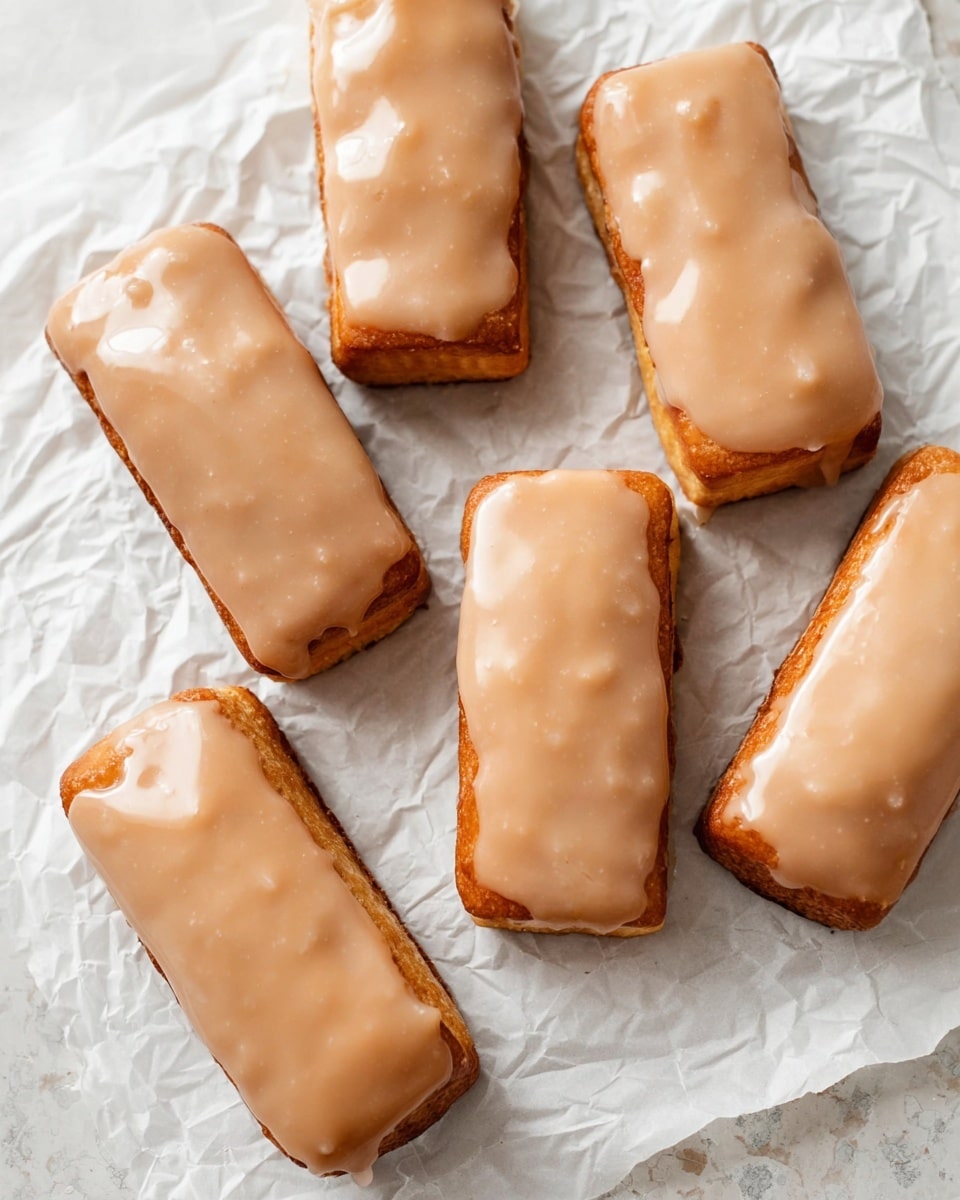 The image shows a close-up of a rectangular doughnut with a thick, smooth, light brown caramel glaze covering the top. The doughnut has a soft, fluffy inside with a slightly golden brown crust at the bottom edge. In the background, another doughnut is visible but out of focus. The doughnuts rest on a white marbled surface with a few small crumbs scattered around. photo taken with an iphone --ar 4:5 --v 7