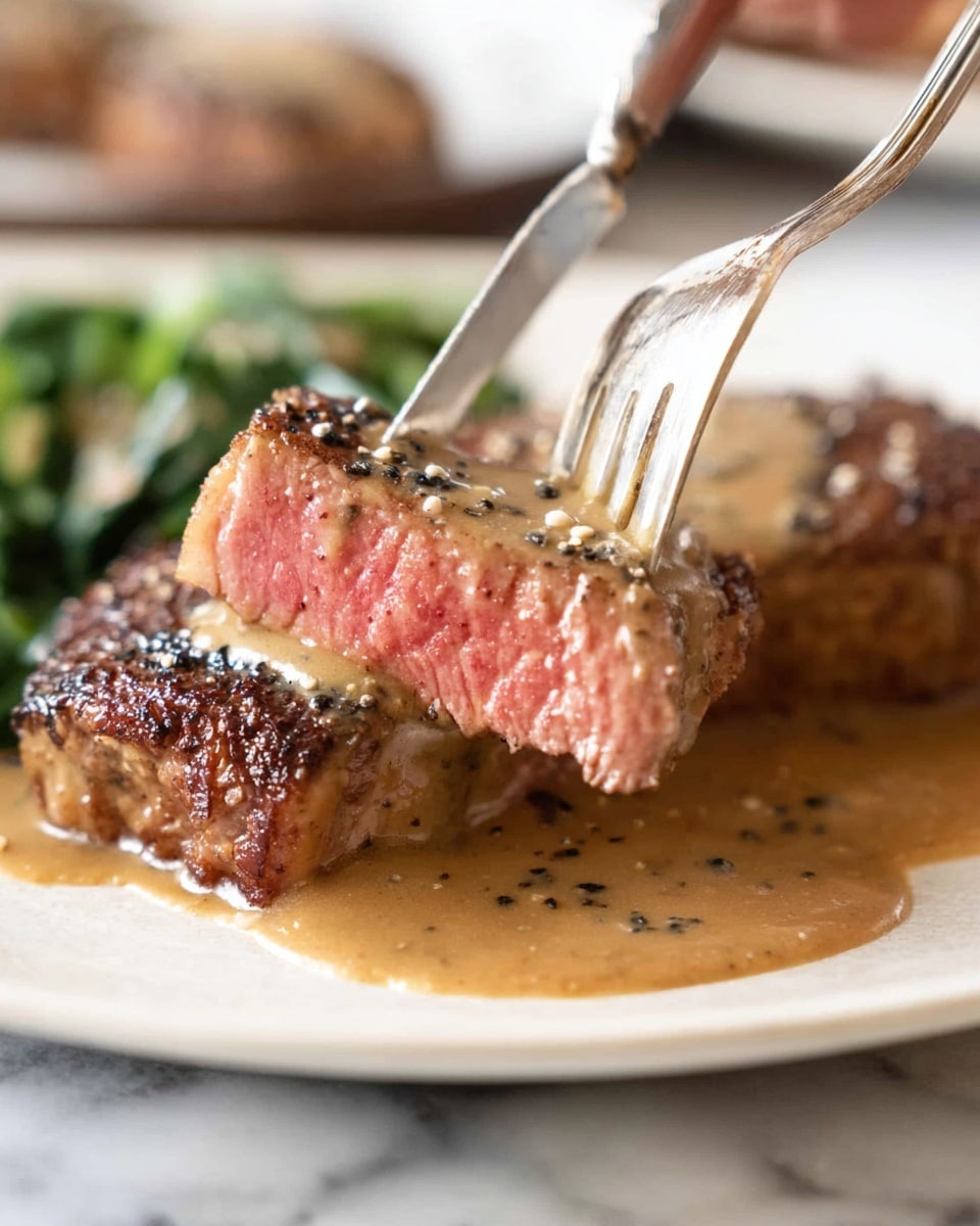 A medium-rare steak slice with a pink center and a browned, slightly charred outer layer is held by a silver fork on the right side, while a woman's hand holding a knife cuts the slice on the left side; the steak is covered with a thick, creamy brown sauce that pools on the white plate underneath, with visible black pepper flakes sprinkled on top; in the blurred background on the plate, there is a whole piece of steak and some green leafy garnish, all set on a white marbled surface. photo taken with an iphone --ar 4:5 --v 7