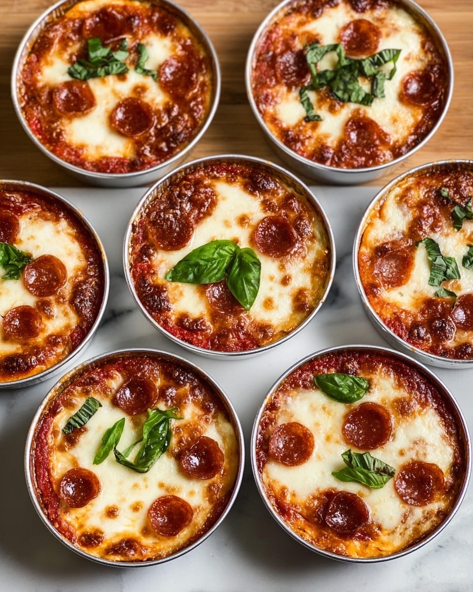 The image shows a close-up of a small pizza cup in a silver foil container, placed on a white marbled surface. The pizza has one layer of light golden-brown crust forming the base and edges, topped with melted cheese that is golden and bubbly. On top of the cheese, there are several slices of bright red pepperoni, with some edges slightly crisped. Scattered green basil pieces add a touch of color, along with a sprinkle of black pepper. The foil cup is slightly wrinkled, and other similar pizza cups are blurred in the background. photo taken with an iphone --ar 4:5 --v 7