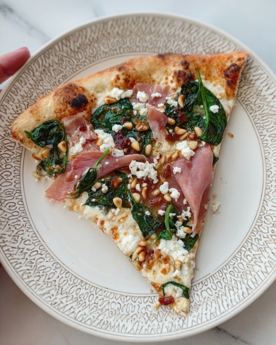 The image shows a round pizza with a golden-brown crust that is slightly puffy and uneven. The base layer is a rich, brown sauce spread close to the edges. On top, there is melted white cheese that looks bubbly and creamy, covering most of the pizza. Large thin slices of pinkish cured meat are placed unevenly around the pizza, some slices slightly curled at the edges. Bright green spinach leaves are scattered across the pizza, adding a fresh contrast. Small white dollops, possibly soft cheese, are dotted on top, blending with the melted cheese. The pizza sits on a dark tray against a white marbled textured surface. Photo taken with an iphone --ar 4:5 --v 7