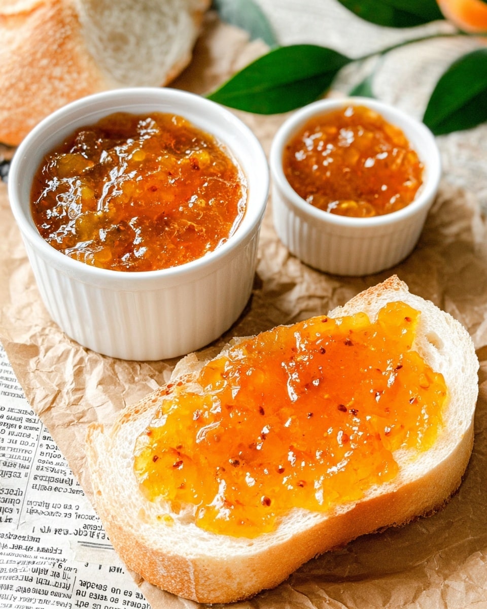 A thick layer of bright orange jam with visible small seeds and fruit pieces spreads unevenly over a slice of light, soft white bread with a slightly crusty edge, placed on another slice. Behind the bread, there are two white ramekins, one larger and one smaller, both filled to the brim with the same shiny, textured orange jam that looks sticky and slightly chunky. The items rest on a crinkled light brown paper surface, with some green leaves and a piece of newspaper partially visible in the blurred background. photo taken with an iphone --ar 4:5 --v 7