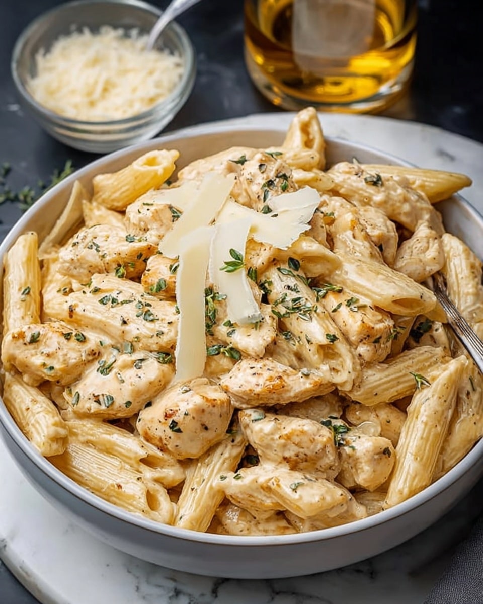 The image shows a bowl of pasta with creamy sauce on top. The bowl is white and filled with short tube-shaped pasta, covered in a smooth, beige-colored creamy sauce with visible small green herb pieces scattered evenly. On top, there are browned small pieces of chicken or mushrooms adding a slightly darker color and a textured look. The dish appears warm and rich, placed on a white marbled surface with soft lighting highlighting the creaminess of the sauce and the details of each pasta piece. Photo taken with an iphone --ar 4:5 --v 7