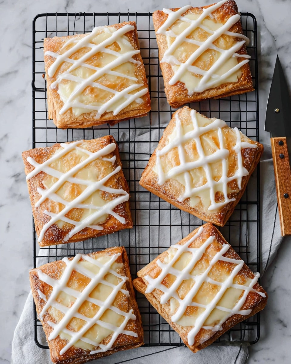 Six square pastries rest on a black cooling rack that is placed on a white marbled textured surface. Each pastry has two main layers: a golden brown crust forming the base and edges, and a creamy white filling occupying the center. On top of each pastry, a white icing is drizzled in a crisscross pattern, creating a grid-like design. The pastries are evenly spaced, showing slightly crispy edge details. A pizza cutter with a wooden handle is partially visible on the right side of the image. photo taken with an iphone --ar 4:5 --v 7