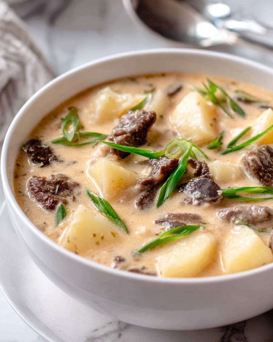 A white bowl filled with creamy soup showing several layers including white, soft potato chunks with a slightly translucent texture, scattered dark brown beef pieces with a tender, slightly fibrous look, all mixed in a smooth beige broth that has a glossy, rich surface. On top, bright green thinly sliced scallions add fresh color and contrast sitting gently across the soup. The white bowl rests on a white marbled surface with a blurred silver spoon in the background. photo taken with an iphone --ar 4:5 --v 7