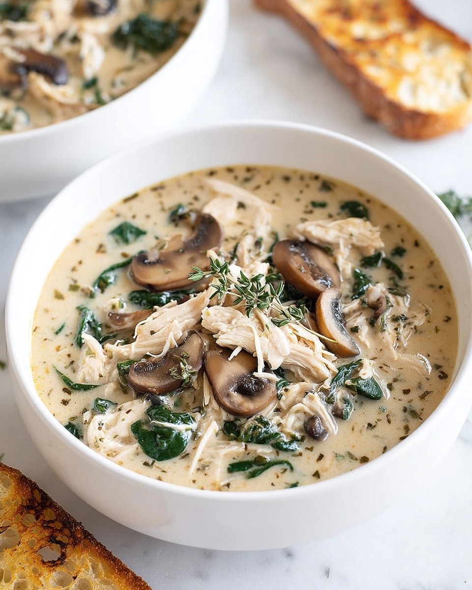 A white bowl filled with creamy soup with three main layers visible: the top layer has big pieces of cooked white chicken, slices of brown mushrooms, and green spinach leaves mixed evenly, scattered with black pepper bits. The creamy soup base underneath is pale yellow with a smooth, thick texture. A slice of light brown toasted bread rests on the edge of the bowl. A spoon is partially visible inside the bowl on a white marbled surface. Photo taken with an iphone --ar 4:5 --v 7