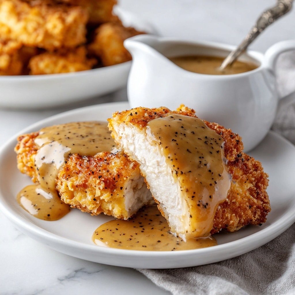 A white plate sits on a white marbled surface holding two pieces of golden brown fried chicken tender, one cut open to show the white cooked meat inside. The chicken is topped with a thick, creamy white gravy sprinkled with black pepper. In the background, there is a white dish filled with more fried chicken tenders and beside it, a white gravy boat with extra white gravy and a spoon inside. Photo taken with an iphone --ar 4:5 --v 7