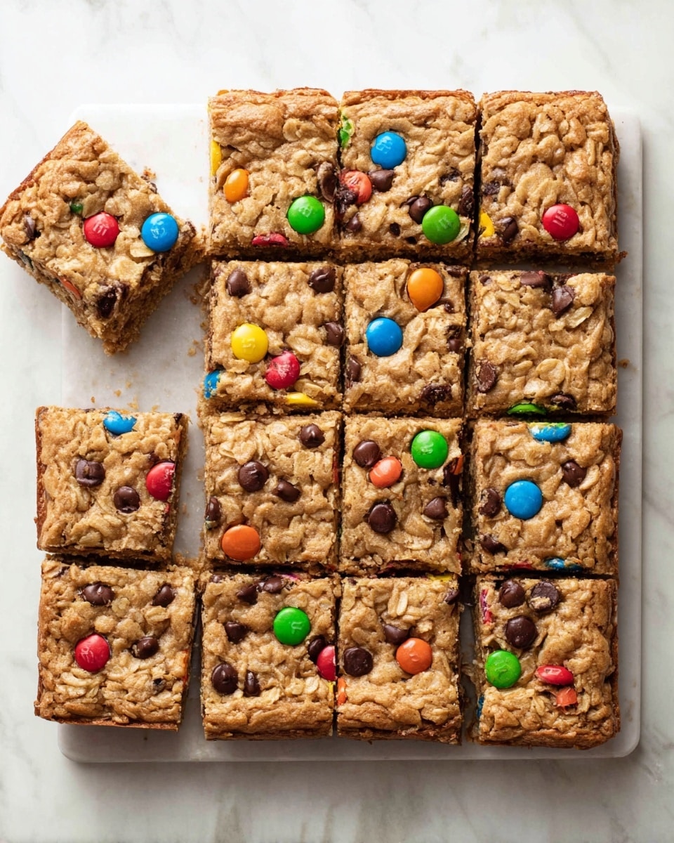A close-up image of several square-cut dessert bars arranged on a white marbled surface. Each bar has two layers: a thick base layer that is golden brown with a soft, slightly crumbly texture, and a top layer embedded with colorful candy-coated chocolate pieces in yellow, red, green, and orange, along with dark chocolate chunks, all slightly melted and glossy. One bar is slightly lifted and leaning on the others, showing the inside filled with the same candy colors and dark chocolate bits scattered throughout a light brown dough. The edges are cleanly cut, and the bars look moist and dense. Photo taken with an iphone --ar 4:5 --v 7