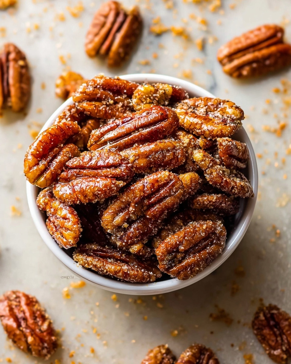 A white bowl filled with a pile of glossy, dark brown candied pecans with a crunchy sugar coating that shines under the light. The pecans are whole, some showing all their textured ridges clearly. Around the bowl, a few candied pecans are scattered on a white marbled surface along with some golden brown sugar crumbs. The close-up view highlights the rich texture and sugary glaze of the pecans. photo taken with an iphone --ar 4:5 --v 7