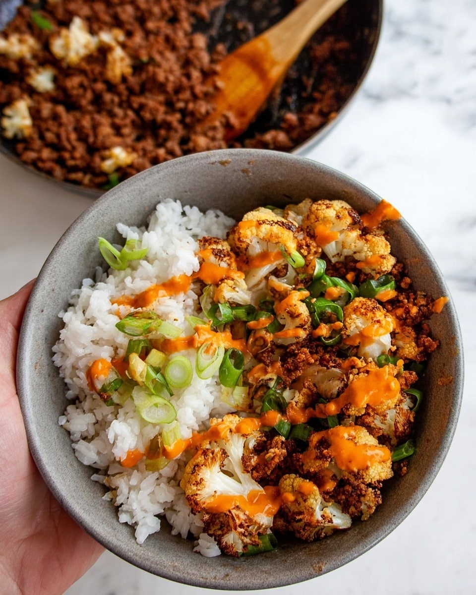A close-up shows a large black pan filled with cooked brown ground meat mixed with roasted orange-brown cauliflower florets, all sprinkled with small bits of green onion and a light drizzle of orange sauce. A woman's hand holds a wooden spoon, scooping a portion of the mixture towards the camera, highlighting the texture of the meat and cauliflower. In the background, there is a white bowl filled with white rice and a small amount of the meat and cauliflower mixture on one side, placed on a white marbled surface. Two small white dishes with yellow and orange sauces are also partially visible. photo taken with an iphone --ar 4:5 --v 7