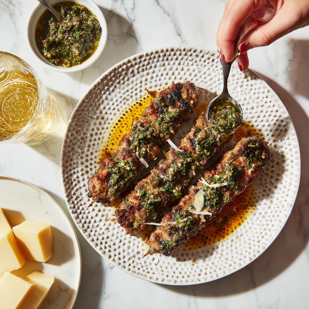 The dish shows four grilled meat skewers, dark brown with a crispy texture, laid flat on a white plate with a dotted design. Each skewer is topped with a chunky, green herb sauce mixed with garlic and oil, creating a fresh contrast over the meat. Around the skewers, there are pools of reddish-brown oily sauce adding color and shine. A woman's hand is holding a small spoon above one skewer, scooping more of the herb sauce onto the meat. Above the plate, there is a small white bowl filled with the same green sauce, sitting on a white plate alongside three chunks of hard, pale yellow cheese. In the top left corner, a clear glass with a golden drink is partially visible. The background is a white marbled surface. Photo taken with an iphone --ar 4:5 --v 7