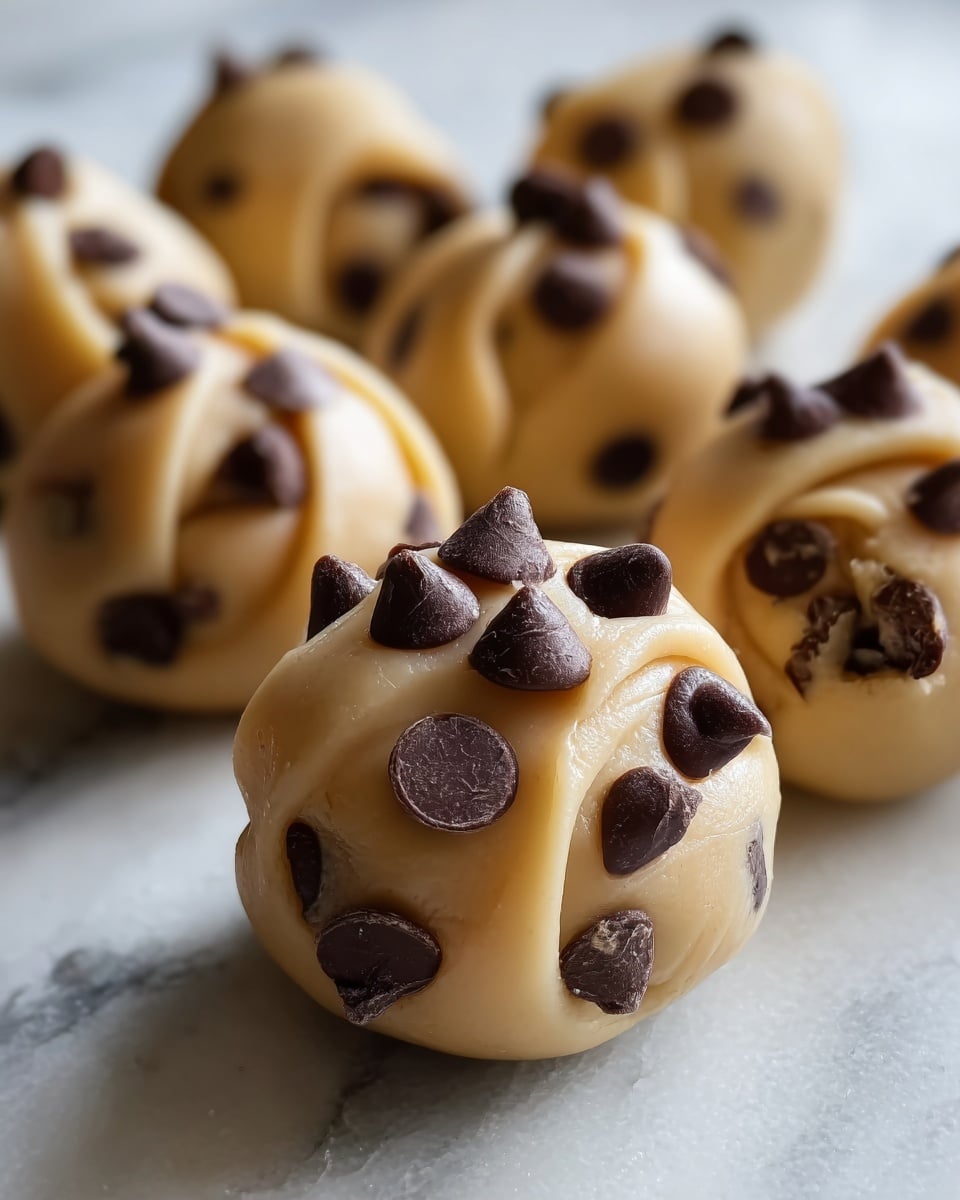The image shows several small round balls of light brown dough filled with and topped by dark brown chocolate chips. Each ball is smooth with soft swirls and folds of dough wrapping around the chips, creating a slightly glossy and creamy texture. The chocolate chips are scattered unevenly on and inside the dough, some standing upright and others slightly tilted, adding contrast with their matte finish. These dough balls are placed close together on a white marbled surface, with the front ball in sharp focus and the others softly blurred in the background, creating depth in the image. photo taken with an iphone --ar 4:5 --v 7