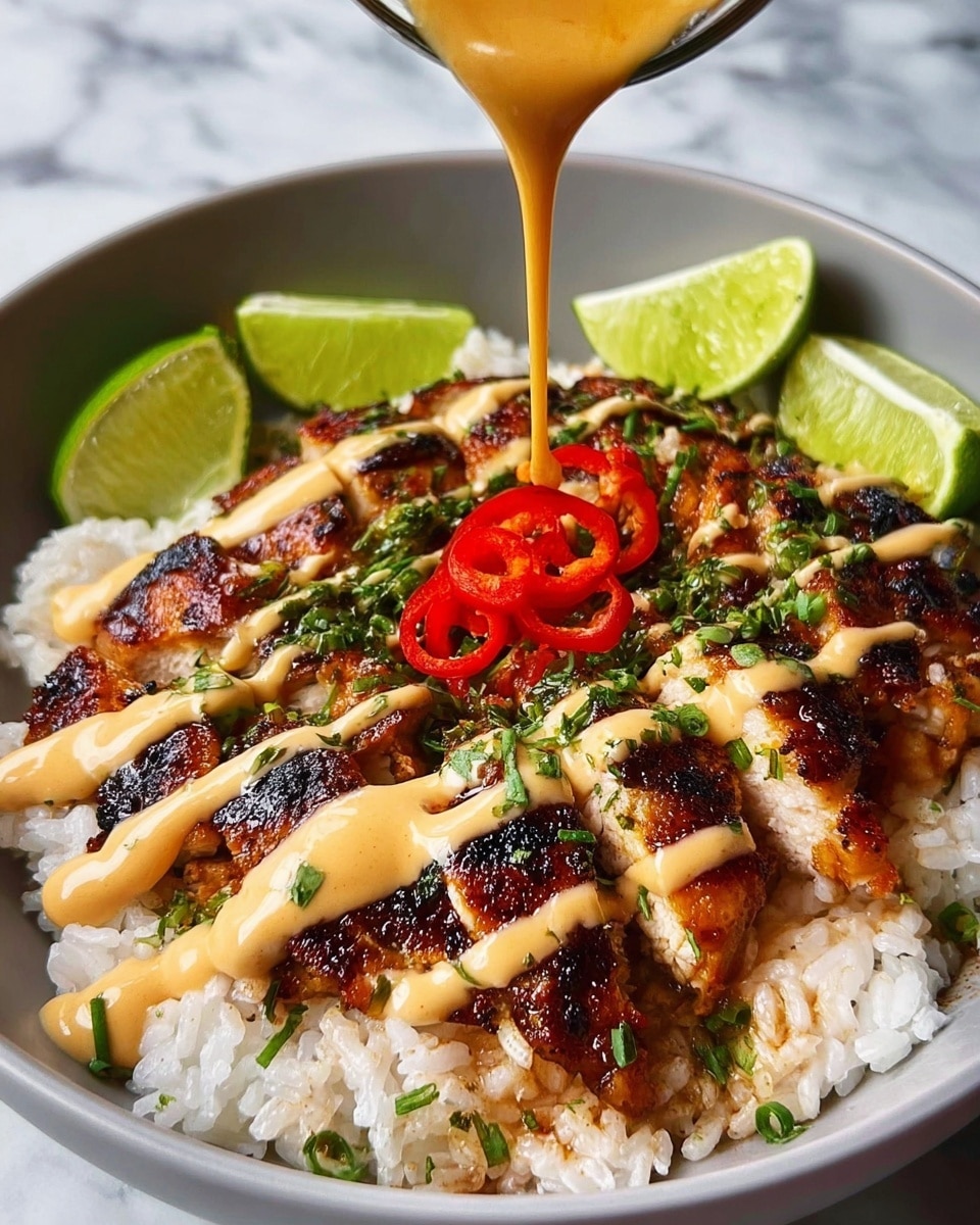 A white bowl holds a dish with a base layer of fluffy white rice, topped by grilled chicken pieces that are golden brown with charred edges. The chicken is drizzled with a creamy, light brown sauce in thin stripes. On top of the chicken and rice, there are chopped green herbs sprinkled all over and a few slices of red chili for color. On the side of the bowl, several lime wedges with bright green skin and pale green flesh rest against the edge. A thick orange sauce is being poured in the center of the bowl from above. The bowl sits on a white marbled surface. Photo taken with an iphone --ar 4:5 --v 7