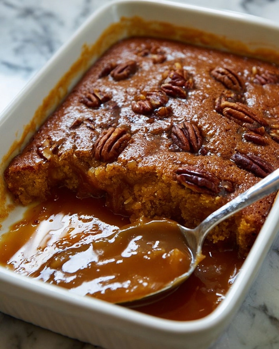 A white ceramic bowl holds a warm, golden-brown cobbler mixed with visible pieces of pecans. The cobbler has a soft, crumbly texture forming the base layer, covered by a thick, sticky, caramel-colored sauce layer. On top sits a perfectly round scoop of creamy vanilla ice cream, slightly melting and dripping down the sides, blending with the sauce. A spoon rests inside the bowl, ready to dig in. The background is a white marbled surface, creating a clean and bright contrast to the rich dessert colors. Photo taken with an iphone --ar 4:5 --v 7