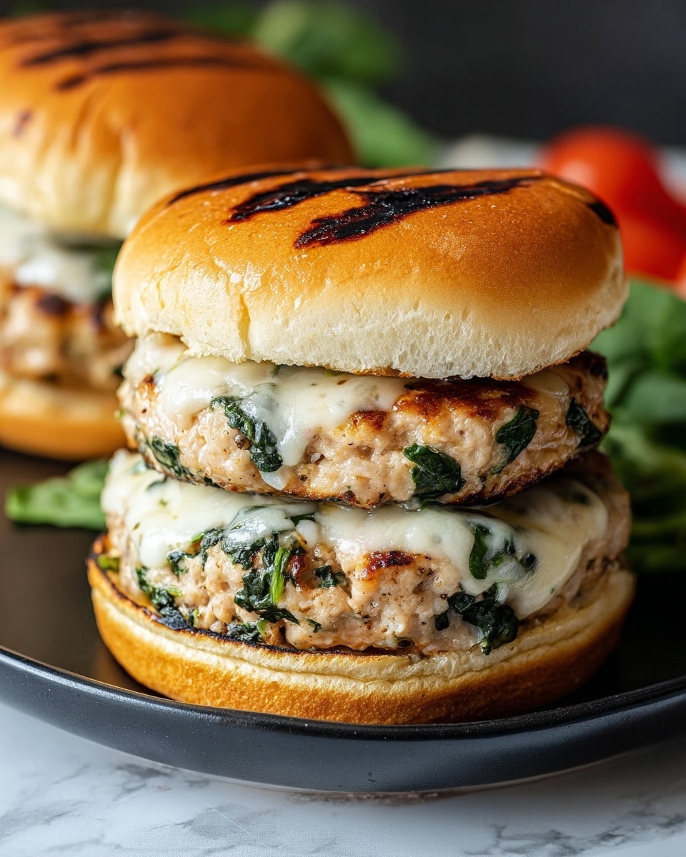The image shows a burger with three main layers on a white plate. At the bottom is a soft golden bun with a shiny surface. Above it is a layer of cooked spinach with a dark green color and slightly wet texture. On top of the spinach is a thick, light brown grilled chicken patty with green herbs mixed in. Above the patty is a layer of creamy white sauce with black pepper specks, followed by a glossy golden top bun. The plate is set on a white marbled surface with some green leaves scattered around, and a woman's hand is gently holding the plate from the side. Photo taken with an iphone --ar 4:5 --v 7