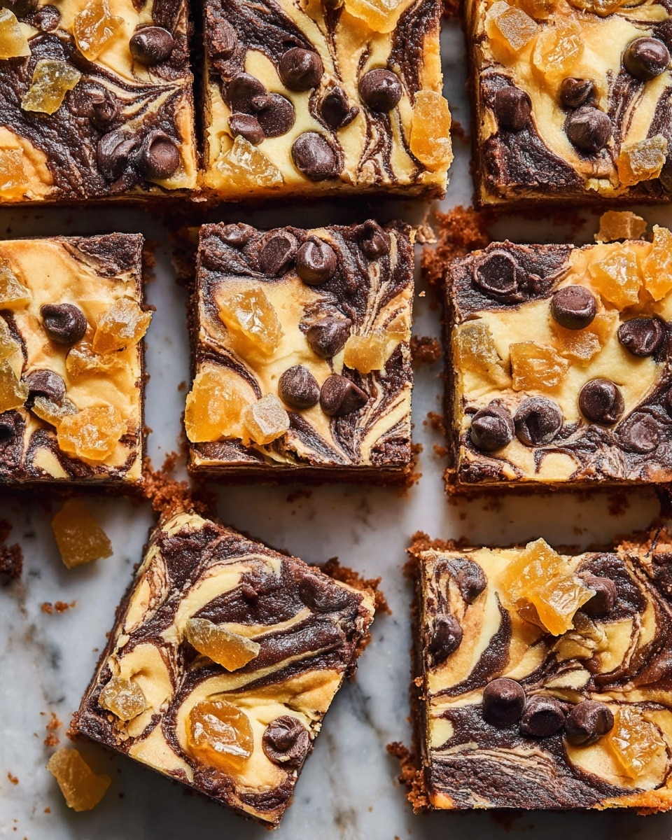This image shows a close-up of nine square pieces of marbled dessert bars arranged on a white marbled surface, one piece missing in the lower-left corner. The bars have a swirled top layer with light tan and dark chocolate brown colors mixed in a flowing pattern. Scattered on top are small dark brown chocolate chips and translucent pale yellow chunks of candied ginger, adding texture and contrast. The bars have a slightly crumbly edge with visible crumbs around the missing piece area. photo taken with an iphone --ar 4:5 --v 7