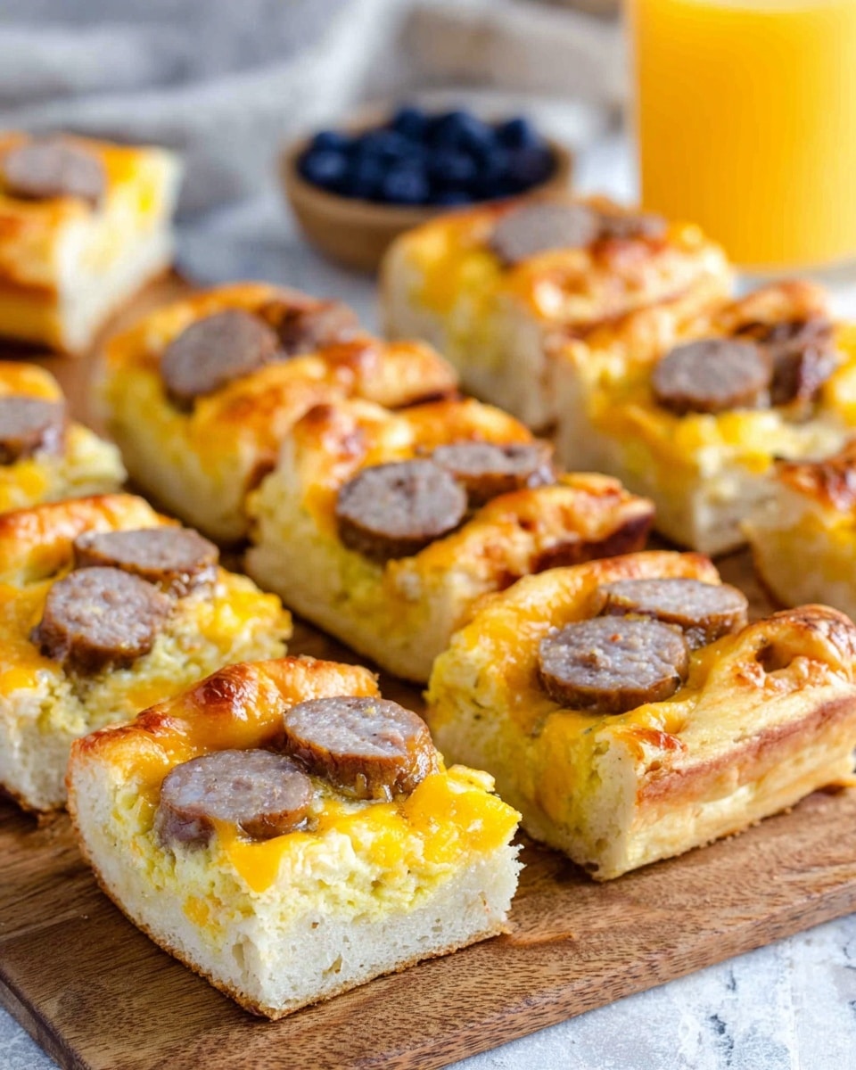 The image shows several square pieces of breakfast casserole on a wooden surface, each piece with three visible layers. The bottom layer is thick and soft, pale yellow bread with a slightly flaky texture. The middle layer includes slices of browned sausage placed side by side, and the top layer is golden melted cheese with hints of herbs sprinkled through it. The pieces have a slightly raised crust around the edges, creating a border for the sausage and cheese. The background is blurred, but a white bowl of blueberries and a glass of orange juice are partially visible. The overall look is warm, fresh, and inviting. Photo taken with an iphone --ar 4:5 --v 7