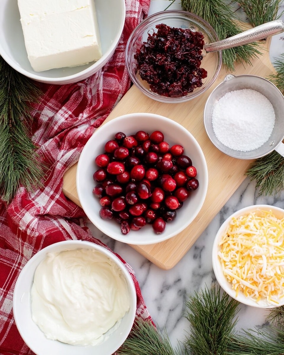 The dish shows a small black cast iron pan filled with melted white cheese mixed with deep red cranberry sauce, creating a marbled effect on top. In the center, a small bunch of fresh bright red cranberries and green rosemary sprigs add color and texture. The pan sits on a round wooden board with glossy green rosemary sprigs placed around it. To the right of the pan, there is a white sliced baguette arranged in a neat row. On the left side of the board, a cheese spreader with a light wooden handle rests next to a blue and white checkered cloth. The background is a white marbled surface. photo taken with an iphone --ar 4:5 --v 7